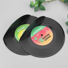 two vinyl records sitting on top of each other next to a plant with green leaves