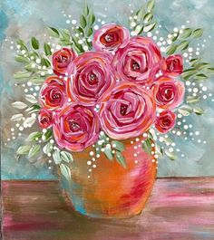 a painting of pink roses in a vase on a table with baby's breath