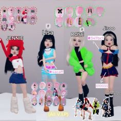 four dolls are shown with their names on them