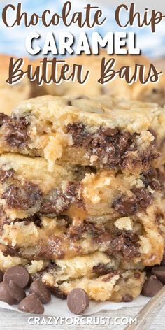 chocolate chip caramel butter bars stacked on top of each other with text overlay