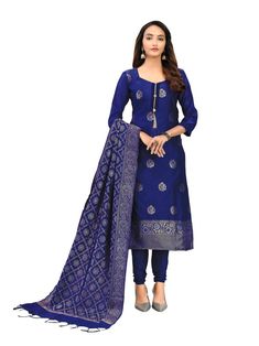 Banarasi salwar kameez and dupatta set in navy blue jarrah. (1 Top / 1 Bottom / 1 Dupatta) Salwar Suits Party Wear, Navy Blue Fabric, Silk Dupatta, Grey Fabric, Salwar Kameez, Blue Fabric