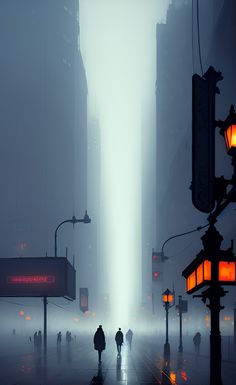 two people walking down a street in the middle of a foggy city at night