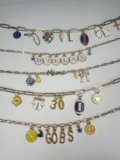 Ali Mae + J Charm Bar Create your own charm necklace Choose the # of charms you would like & then include each charm # in the personalized box If you would like a charm you saw on our Instagram and don't see the option pictured, please send us a message to see if it is in stock. Gold Themed Charm Bracelet, Themed Gold Charm Bracelet, Trendy Personalized Paperclip Jewelry, Silver Novelty Charm Necklace, Trendy Personalized Silver Charms, Personalized Themed White Necklace, Themed Personalized White Necklace, Silver Charm Necklaces With Dangling Charms For Personalized Gift, Personalized Silver Charm Necklace