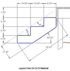 a drawing of a stair case with blue lines going up the side and down it