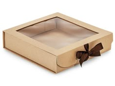 an open cardboard box with a brown bow