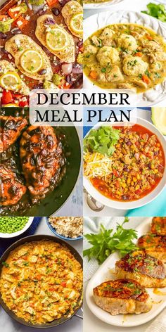 a collage of different meals with the words december meal plan