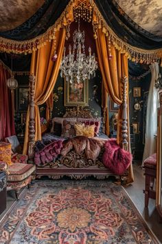 an ornate bedroom with a canopy bed and chandelier hanging from it's ceiling