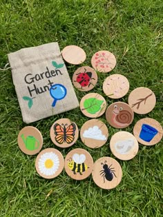 the garden hunt badges are laid out on the grass