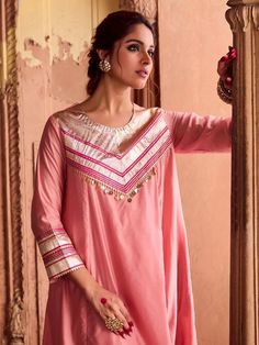 Buy Powder Pink Chanderi Gota Embroidered Kurta with Pants- Set of 2 | VJ211F24/01/KP/PINK/VJ211 Festive Kurti, Dress Idea, Dresses Indian, Boutique Dress Designs, Boutique Dress, Stylish Dresses For Girls, Designer Dresses Indian