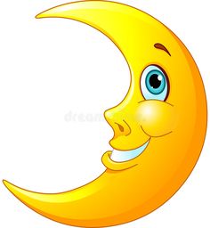 a smiling crescent moon with blue eyes and a smile on it's face,