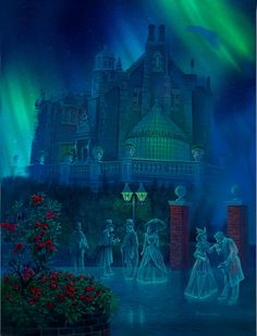 a painting of people in front of a castle at night with the aurora lights shining