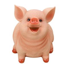 a pink pig figurine sitting on top of a white surface with its mouth open