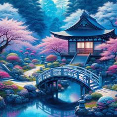 a painting of a japanese garden with trees, flowers and a bridge in the foreground