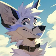 a cartoon dog with an angry look on his face and chest, standing in front of clouds