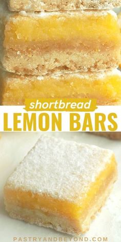 lemon bars stacked on top of each other with the words shortbread lemon bars above them