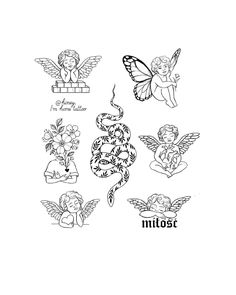 an image of tattoos with angels and snakes on them, including the word's name