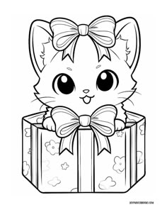 a cat with a bow on its head sitting in a present box coloring pages for kids