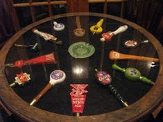 a round table topped with lots of different items