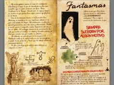 an open book with pictures and writing on the pages, including a ghost in it