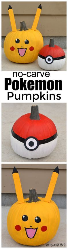 two pictures of pokemon pumpkins with the words, no carve pokemon pumpkins