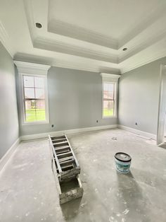 an empty room with two windows and a paint roller in the middle of the room