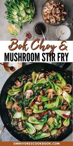 mushrooms and broccoli stir fry in a skillet with the title text overlay