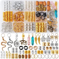 PRICES MAY VARY. 【Abundant Quantity】You will get 200pcs exquisite hair jewelry (30 Mix Styles). 2x Pure natural crystal gem pendants,12x dreadlock accessories pendants (snake, sun and moon, Egyptian Wedjat Eye of Horus, angel wings, lucky stars, snowflakes, and butterflies),76x braid rings (hair Rings, frosted ring, black/gold layered hair cuff ring),70x hair accessories cuffs gold/silver (mixed patterns and size),20x spring shape hairband gold/silver, 10x hollow polish hair beads gold/silver, 1 Braids Decoration, Gold And Silver Hair, Braid Rings, Hair Jewelry For Braids, Hair Cuff, Braid Cuffs, Coil Ring, Dreadlock Jewelry, Braid Accessories