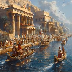 a painting of people on boats in front of an ancient city with columns and pillars