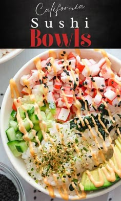 this sushi bowl is loaded with vegetables, rice and sauce