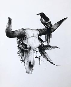 a drawing of a bull skull with two birds on it's head and one bird sitting on top of the skull