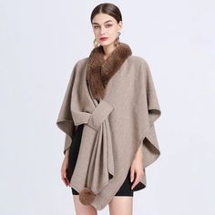 Faux Rabbit Fur Collar Half Sleeve Poncho Women Loose Knit Cape High quality fashion elegant cape shawl coatHigh-grade faux rabbit fur collar and artificial wool, feels the same to the touch as the real thingOne Size:Oversize Relaxed style, suitable for allUnrestricted bust, length is 83cm Fashion Poncho, Faux Fur Cape, Faux Fur Shawl, Poncho Crochet, Cape Designs, Fall Outerwear, Poncho Coat, Fur Cape, Poncho Wrap