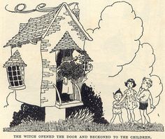 an old children's book with a drawing of a man and woman standing in front of a house