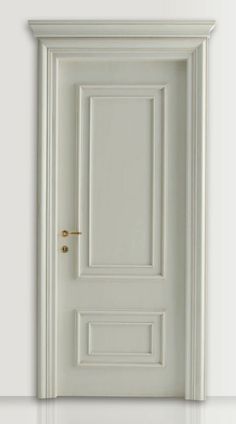 a white door with a gold handle on the top and bottom panel is shown in an empty room