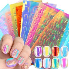 PRICES MAY VARY. Package Include - 11 sheets aurora foil nail art, as colorful as glass, which can offer you multiple choices, and satisfy your rich imagination of nail art DIY. Aurora Stickers for Nails - the nail art foil stickers have different shapes, such as heart, oval, square, and 11 different colors, the nail sticker shows the same color as the aurora from different angles, so that you can easily get elegant and charming nails design. Safe and Beautiful - our designer nail foil made from Birthday Nail Designs, Reflective Nails, Nail Decals Diy, Aurora Nails, Foil Nail Art, Nail Foil, Chrome Nails Designs, Film Paper, Nail Stickers Decals