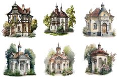 four different styles of houses with trees and bushes