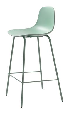 a light green plastic stool with metal legs and a black frame on an isolated white background