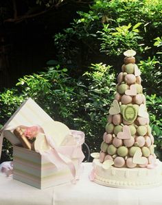 a table topped with a cake covered in lots of different types of candies next to a box