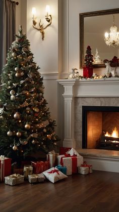 a decorated christmas tree in front of a fire place with presents on the floor next to it