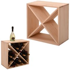 a wooden wine rack with bottles in it and a bottle of wine on the other side