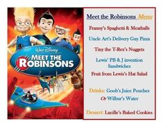 meet the robinsons menu with cartoon characters on it and an advertisement for their restaurant