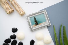 an arrangement of rocks and plants on a table with a photo frame, bamboo sticks, and other items