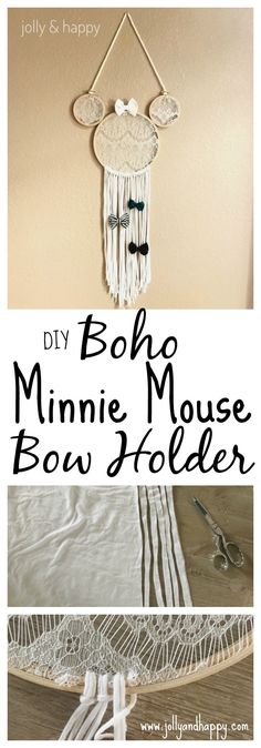 the diy boho minie mouse bow holder is made from yarn and beads