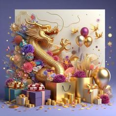 a golden dragon sitting on top of a pile of presents next to balloons and confetti