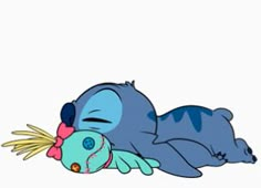 a cartoon character laying on the ground with a stuffed animal in it's mouth