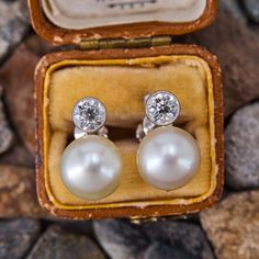 These elegant vintage 18k white gold earrings each feature a post set, cultured saltwater pearl, topped by a round old European cut diamond in a platinum bezel setting. The earrings measure 15.6mm long and are finished with non- pierced screw backs. Antique White Gold Jewelry, Pearl Diamond Earrings, Saltwater Pearls, Pearl And Diamond Earrings, White Gold Earrings, White Gold Jewelry, European Cut Diamonds, Art Deco Diamond, Pearl Diamond