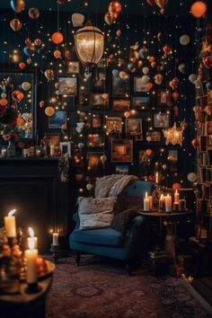 Maximalist Decor With Candles Moody Eclectic Maximalism, Maximalist Decor Moody, Moody Maximalist Interior, Autumn Maximalist Decor, Maximalist Decor Witchy, Unique Door Painting Ideas, Moody Maximalist Entryway, Decorate Under Window, Magic Home Aesthetic