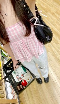 #aestheticfit #aesthetic #cutefit #cute #pink #white #nicefit #nice #black #coquette Pink Gingham Outfit, Pink Aesthetic Clothes, White And Pink Aesthetic, Pink Gingham Shirt, Pink Villa, Shirt Summer Outfit, Summer Outfit Aesthetic, Black Coquette