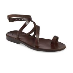 Mara | Brown Leather Thin Ankle Strap Sandal Jesus Sandals, Ankle Strap Sandals Flat, Toe Loop Sandals, Leather Sandals Handmade, Closed Toe Sandals, Vegan Leather Bag, Leather Sandals Flat, Leather Sandals Women, Brown Sandals