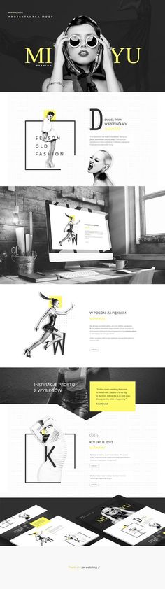 the website design for miiyu is shown in black and white, with yellow accents