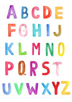 colorful watercolor letters and numbers are shown in the shape of rainbows on a white background